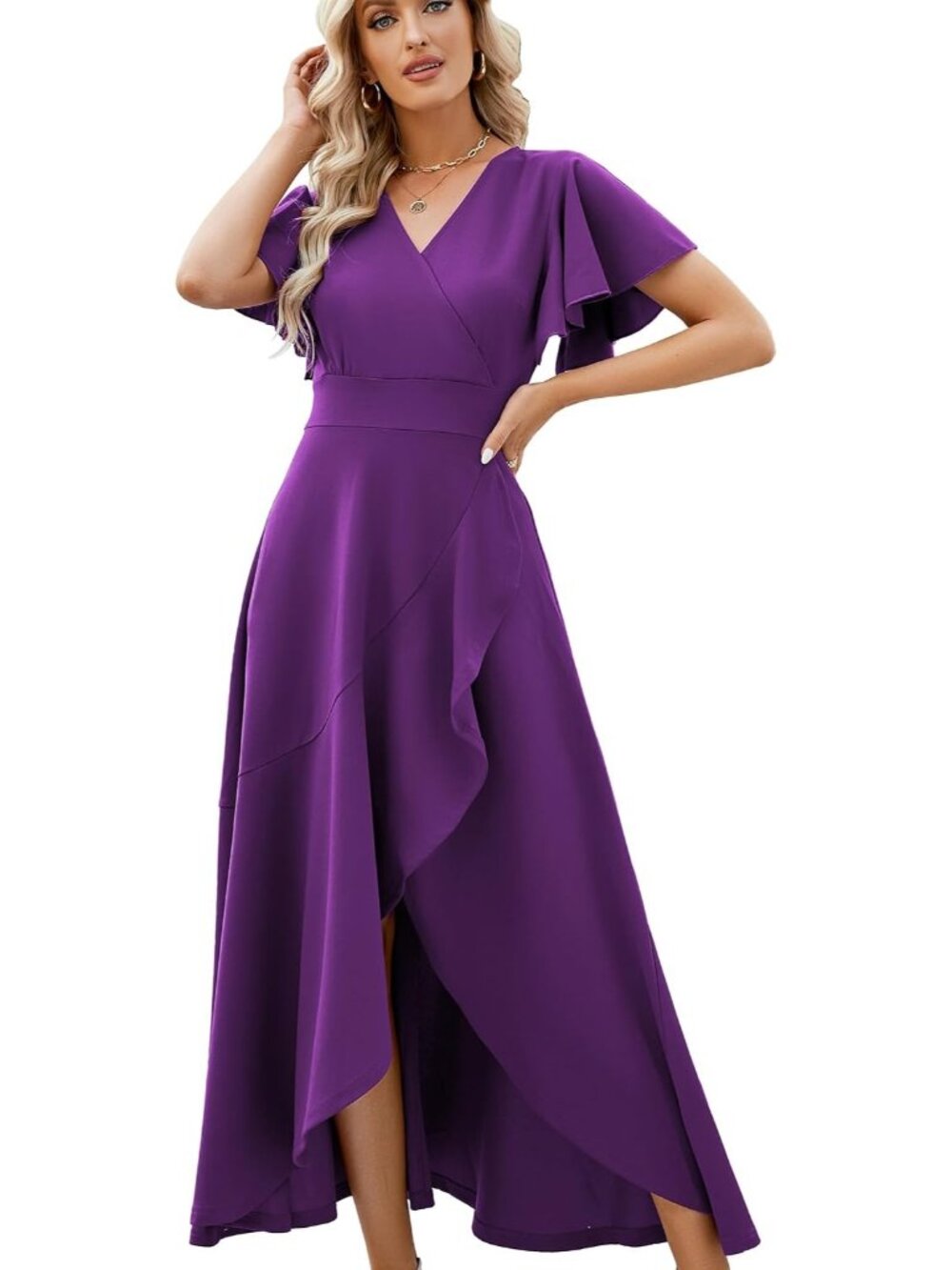 Women's Purple Gowns Evening V Neck Ruffle Skirts Maxi Wedding Guest Dresses